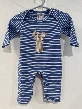 Three Sisters Baby Boy Romper 6M Blue Stripe Gingham Deer Buck Applique